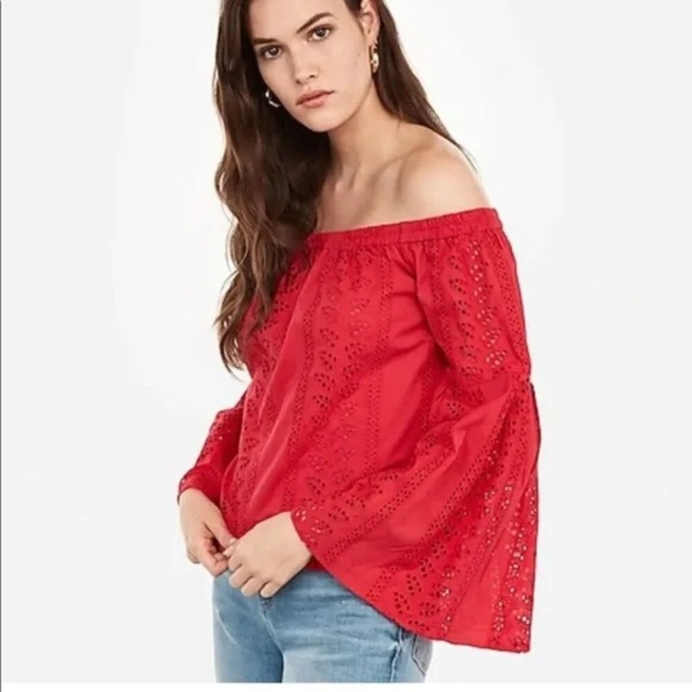 Express Off Shoulder Eyelet Blouse Top L Womens Flare Bell Long Sleeves‎ Red NEW